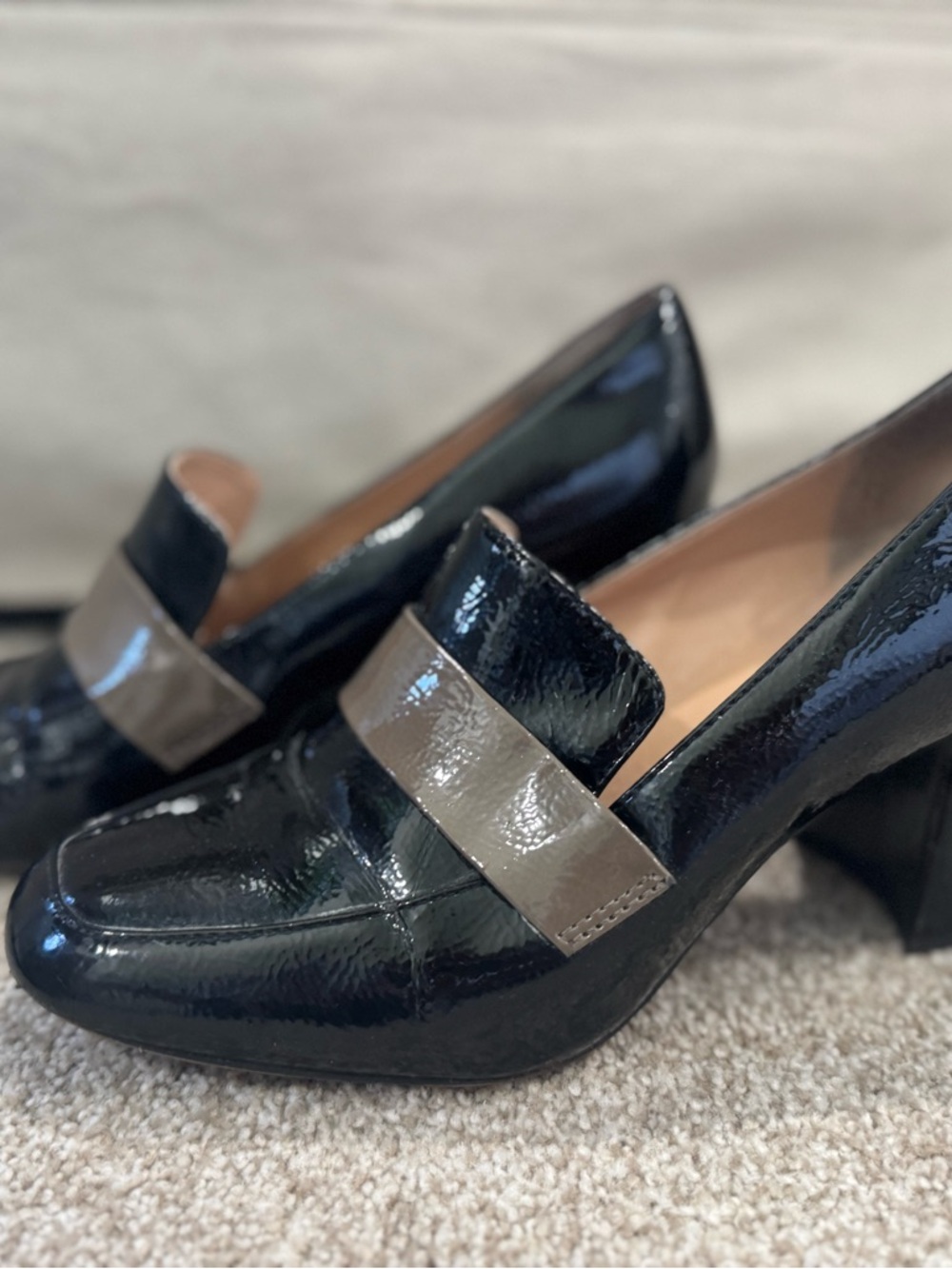 Franco Sarto Black Patent Loafer with Taupe Strap